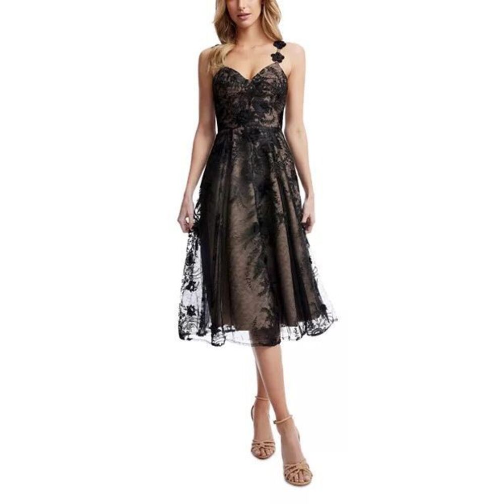Dress the Population Black Lace Midi Dress with Nude Lining